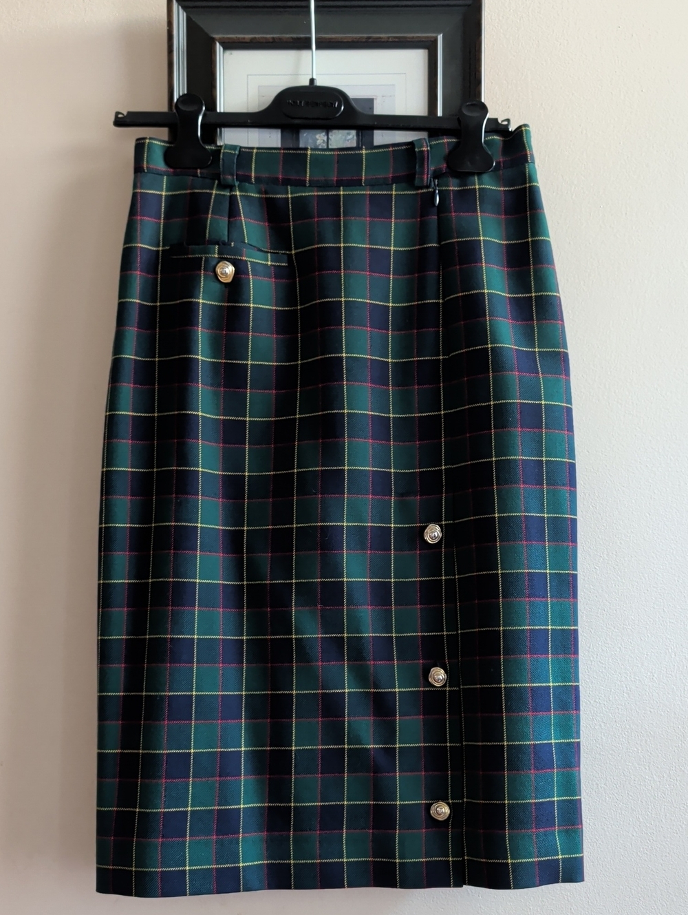 Hobnobber Vintage Classic Green Plaid Virgin Wool Midi Skirt